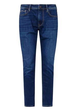 Jeans en denim bleu foncé, coupe droite, design à cinq poches, avec fermeture à bouton et passants de ceinture, dotés de légers effets de décoloration et de détails de surpiqûre.