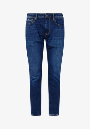 Tumed sinine teksariiete, sirge lõikega, viie tasku disain, millel on nupplukuga sulgemine ja vööloopide auk, samuti diskreetne kulumine ja õmblused.