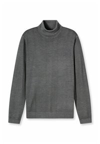 Grauer Rollkragenpullover aus weichem, strukturiertem Stoff. Mit langen Ärmeln und einem gerippten Kragen. Schlichte, gerade Schnittführung.