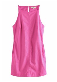 Ärmlös rosa klänning med rund urringning, detalj med nyckelhål på ryggen och sidofickor. Tyget ser mjukt ut med en lätt lyster.