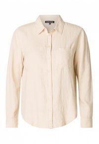 Beige long-sleeve button-up shirt made of lightweight fabric, featuring a collar and a chest pocket, with a slightly wrinkled texture.