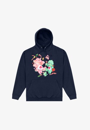 Granatowy hoodie z przednią kieszenią, ozdobiony kolorowym wzorem przedstawiającym różowe słonie oraz zielone postacie otoczone cukierkami i owocami.