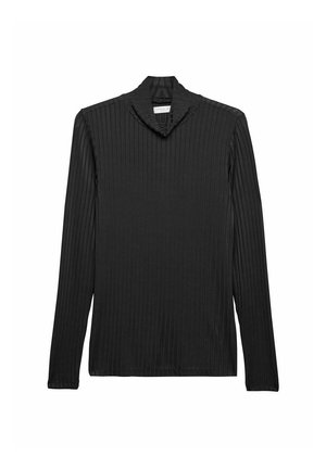 Top noir à manches longues en col roulé avec un col montant. Fabriqué en matière extensible, présentant une texture verticale et une coupe ajustée.