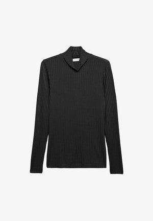 Top noir à manches longues en col roulé avec un col montant. Fabriqué en matière extensible, présentant une texture verticale et une coupe ajustée.