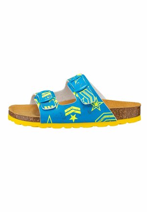Blue sandals with yellow accents, featuring a textured cork sole, two adjustable straps, and a star pattern on the upper.