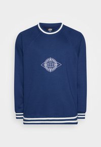 Marine sweatshirt med raglanærmer, hvidstripet ribkrave og manchetter. Har et hvidt globe-graphic i midten foran.