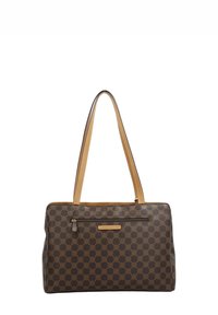 Bruine tote bag met een patroon, voorzien van beige leren handvatten, met een voorzak met rits en een gestructureerde rechthoekige vorm.