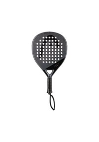 Schwarze Padelracket mit perforierter Oberfläche, gekrümmter Form und strukturiertem Griff. Zeigt das "SPEED"-Logo in der Mitte.