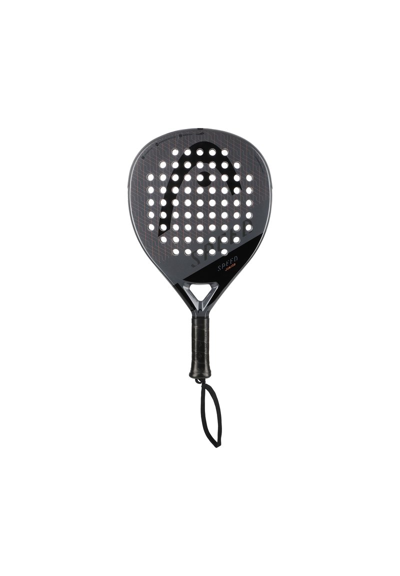Schwarze Padelracket mit perforierter Oberfläche, gekrümmter Form und strukturiertem Griff. Zeigt das "SPEED"-Logo in der Mitte.