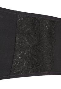 Vêtement noir avec un tissu à texture lisse d'un côté et un panneau en dentelle de l'autre, présentant un motif floral le long du bord.