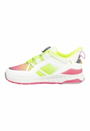 Zapatilla deportiva blanca con malla en degradado de neón amarillo y rosa, detalles en la suela rosa y un sistema de cierre con dial de cordones negro sobre un fondo blanco.