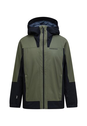 Grøn og sort vandtæt jakke med hætte, der har en frontlynlås, lange ærmer og en logo på øverste venstre side.