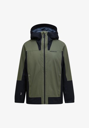 Grøn og sort vandtæt jakke med hætte, der har en frontlynlås, lange ærmer og en logo på øverste venstre side.