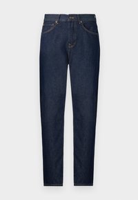 Mørkeblå denim jeans med slim fit, har fem lommer, lynlås og kontrasterende guld syning. Glat tekstur med et klassisk design.