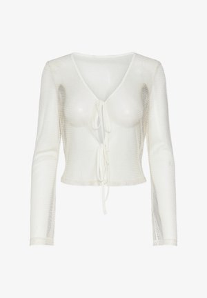 Biely sieťovaný top s dlhým rukávom a výstrihom do V, s predným viazaním, s priliehavým strihom a textúrovanou, priesvitnou látkou po celej ploche.