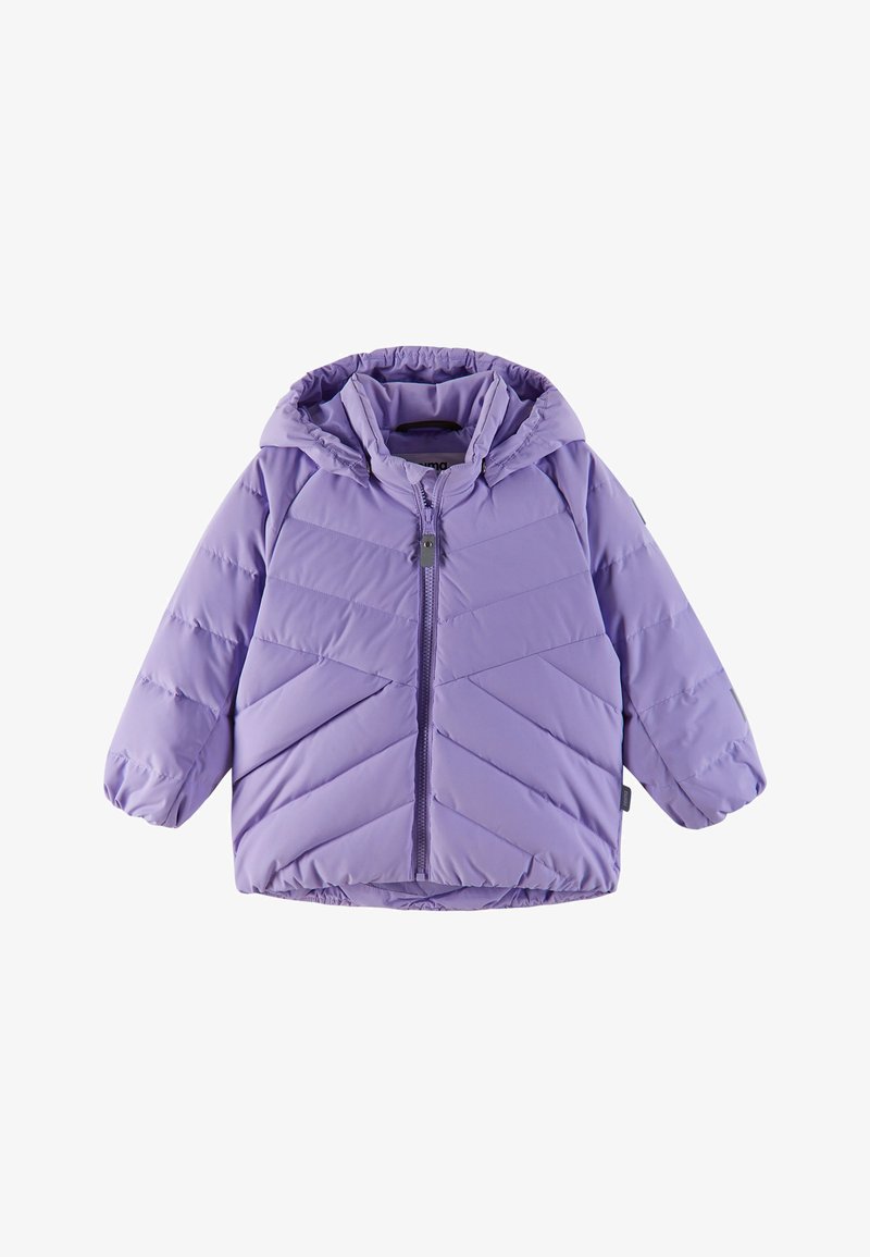 Lilac puffer jacket with a hood, featuring a zigzag quilted pattern, zip closure, and elastic cuffs. Lightweight synthetic material.