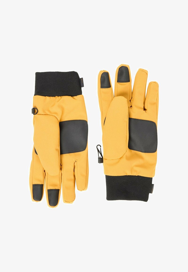 Gele handschoenen gemaakt van geïsoleerde stof met zwarte leren accenten. Kenmerken zijn onder andere een strakke manchet en een clip voor opslag. Ontwerp met vier vingers.