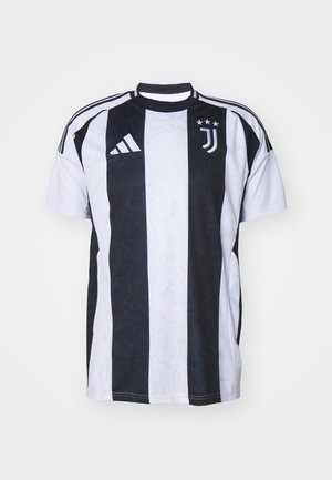 Black and white striped athletic shirt with short sleeves, round neckline, and three stripes on each shoulder. Features team logo and three stars.
