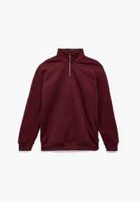 Bordeaux sweatshirt met een kwart-rits kraag, lange mouwen en een zachte, gladde textuur. Heeft ribbelboorden en een ribbelzoom voor een strakke pasvorm.