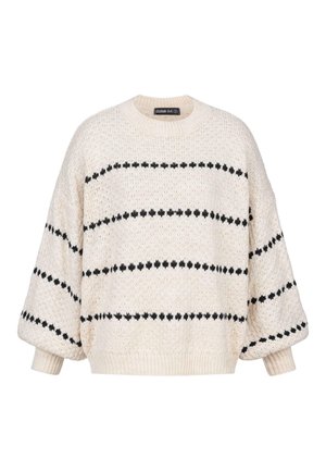 Cremfarbener Sweater mit lockerer Passform, schwarzen vertikalen Streifen und strukturiertem Strickmuster. Gerippter Halsausschnitt, Bündchen und Saum. Lässiger Stil.