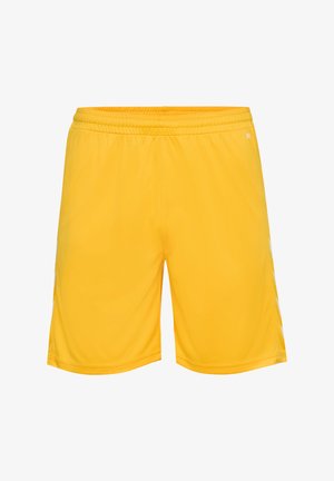 Gula idrottsshorts med elastisk midja, slät tyg, knälång klippning och subtila vita detaljer på sidorna.