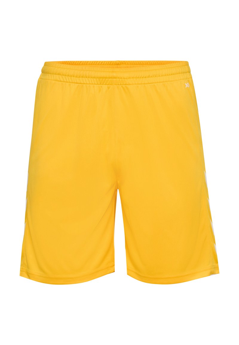 Geel sportshorts met een elastische tailleband, zachte stof, knielange snit en subtiele witte details aan de zijkanten.