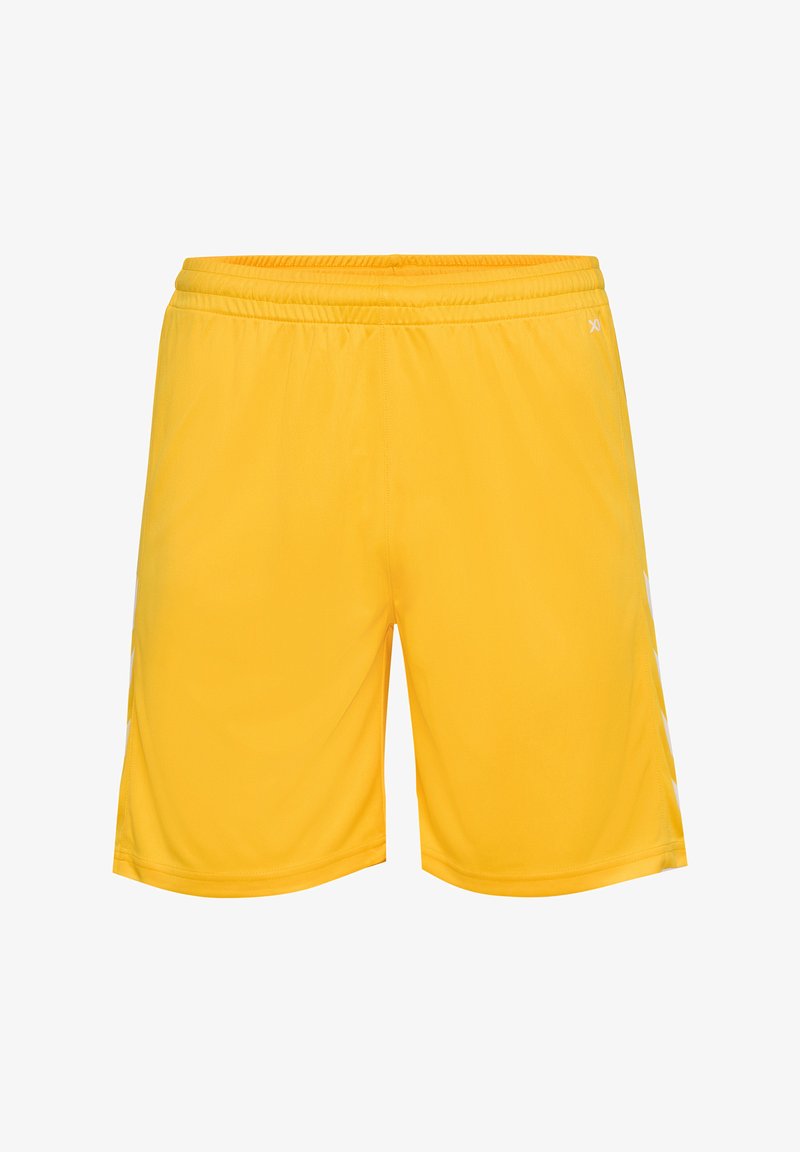 Geel sportshorts met een elastische tailleband, zachte stof, knielange snit en subtiele witte details aan de zijkanten.