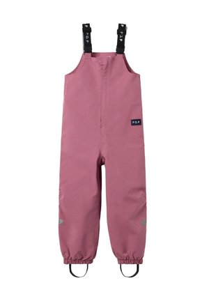 Roze waterdichte overall met verstelbare schouderbanden. Voorzien van elastische boorden en reflecterende accenten voor zichtbaarheid. Efficiënt, duurzaam materiaal.