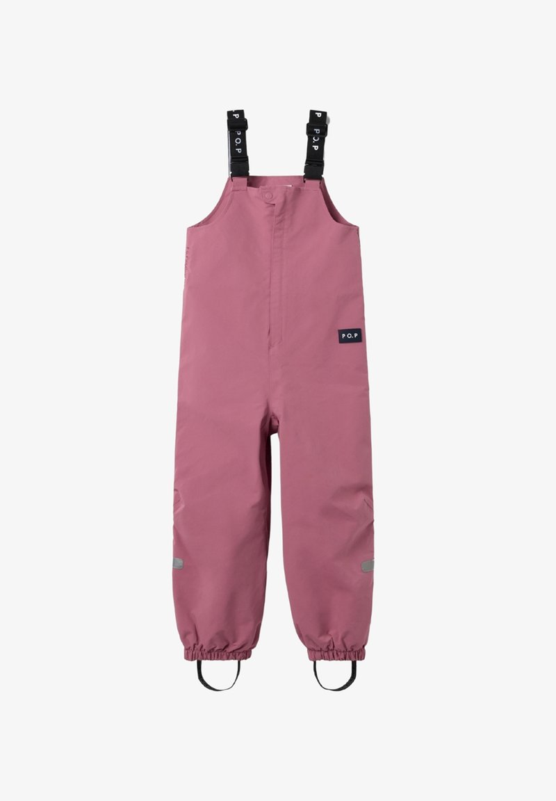 Roze waterdichte overall met verstelbare schouderbanden. Voorzien van elastische boorden en reflecterende accenten voor zichtbaarheid. Efficiënt, duurzaam materiaal.