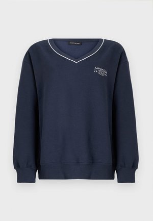 Μπλε ναυτικό φούτερ με V-λαιμόκοψη και λευκή επένδυση, με μικρό κεντημένο λογότυπο "Leisure Club USA 1997" στο στήθος.