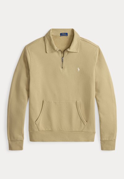 Sweatshirt bege de manga comprida com fecho de meio zip e gola, bolso frontal e pequeno logótipo Polo Ralph Lauren branco bordado no peito esquerdo.