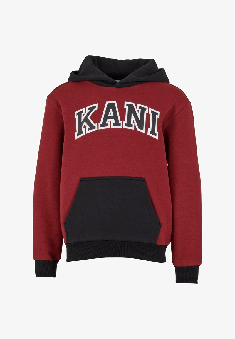 Červeno-čierna mikina s kapucňou a predným vreckom, na hrudi výrazný biely nápis "KANI". Mäkká tkanina, elastické manžety a lem.