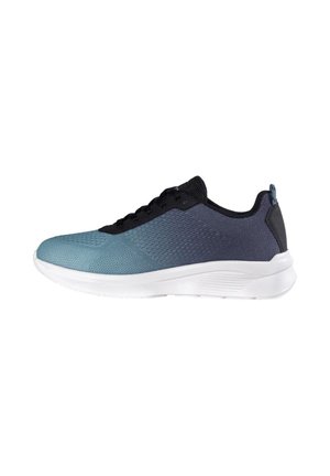 Herrensportschuh mit blau-schwarzem Mesh-Obermaterial, schwarzen Schnürsenkeln und dicker weißer Sohle, seitlich dargestellt.