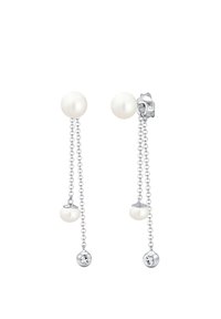 Hvide perle dråbeøreringe med sølv kæder. Har to perle perler og krystal detaljer i enderne. Minimalistisk design, elegant finish.