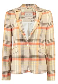 Damski marynarka skrojona w beżowo-pomarańczowo-brązową kratę, z pojedynczym zapięciem na guzik oraz dwoma przednimi kieszeniami z klapką.