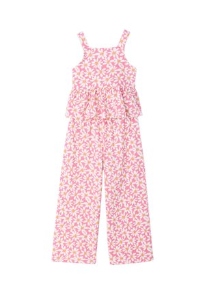 Rosa ärmelloser Jumpsuit mit weißem und gelbem Gänseblümchenmuster, mit Rüschen am Taillenbereich und weit geschnittenen Hosenbeinen.
