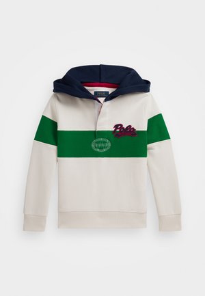Sudadera con capucha en color beige, verde y navy. Cuenta con cierre de botones en el frente, logo bordado y gráfico de globo en la franja verde.