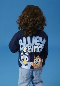 Marineblå genser med store trykk av tegneseriehundene Bluey og Bingo på baksiden, med hvit tekst over. Laget av bomull, med rund hals.