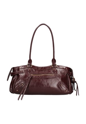 Borsa a mano in pelle marrone scuro con due manici lunghi, tasca frontale con cerniera, cinturini laterali con fibbie e dettagli decorativi di cucitura.