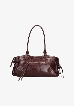 Dark brown leather handbag with two long handles, front zipper pocket, side buckle straps, and decorative stitching details.