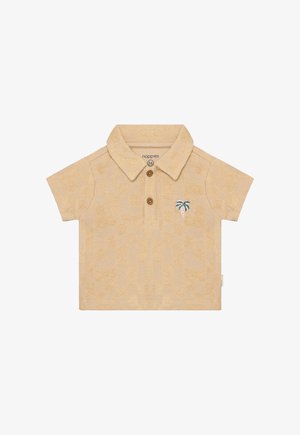 Kurzarm-Poloshirt aus weicher, beiger Baumwolle mit strukturiertem Muster, dreiknöpfiger Knopfleiste und gesticktem Palmenmotiv auf der Brust.