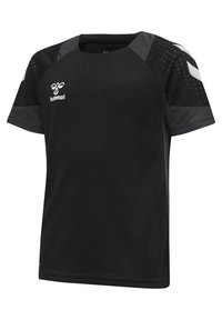 Svart sportströja med ett texturerat, andningsbart tyg. Har grå detaljer och rundad halsringning. Hummel-logotypen på vänster framsida.