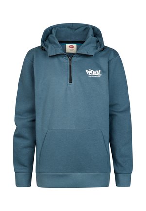 Sweat à capuche bleu avec fermeture éclair devant, poche kangourou et logo blanc "Petrol" sur la poitrine gauche.