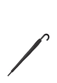 Parapluie noir avec une poignée courbée, doté d'une housse en tissu lisse et d'un mât droit et élancé, conçu pour protéger de la pluie.