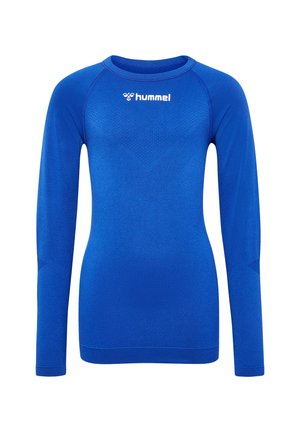 Langærmet atletisk trøje i livlig blå farve, med tekstureret stof, rund halsudskæring og hvidt logo på brystet.