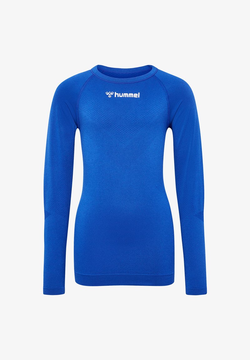 Langärmliges Sportoberteil in lebhaftem Blau, mit strukturiertem Stoff, rundem Ausschnitt und weißem Logo auf der Brust.