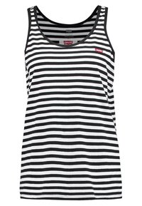 Débardeur à rayures noires et blanches avec un col arrondi, un tissu doux, et un petit logo rouge Levi's sur la poitrine gauche. Sans manches.