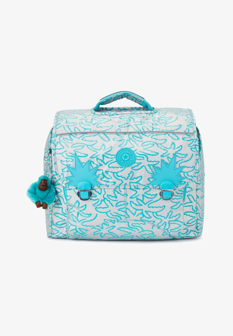 Sac à dos turquoise à motifs floraux avec un design plat, un tissu texturé, des bretelles doubles et un accessoire porte-clés en fausse fourrure détachable.