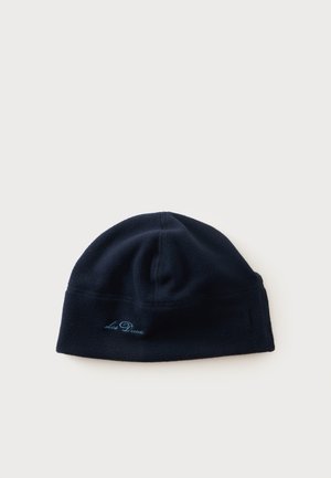 Bonnet en polaire noire avec ""Les Deux"" brodé en bleu à l'avant, présenté sur un fond blanc uni.