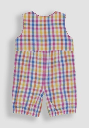 Mitmekesine gingham romper, millel on varrukateta disain, kerge kangas, ümmargune kaelus ja laineline äär, millel on roosa, sinine, kollane ja valge ruuduline muster.
